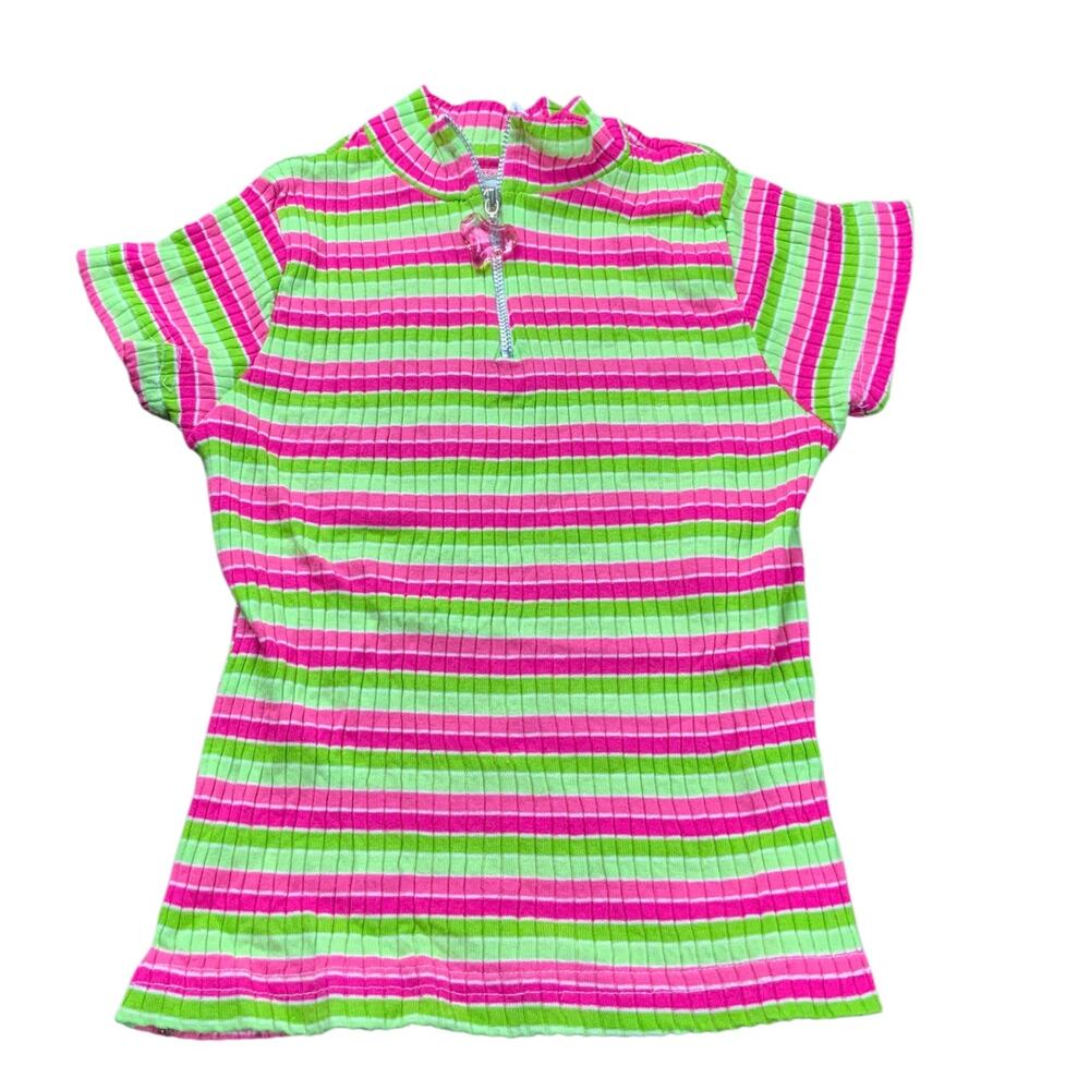 Girls Will Be Girls Y2K Ribbed Stripe Heart Zip Top Pink Green USA Medium 10-12